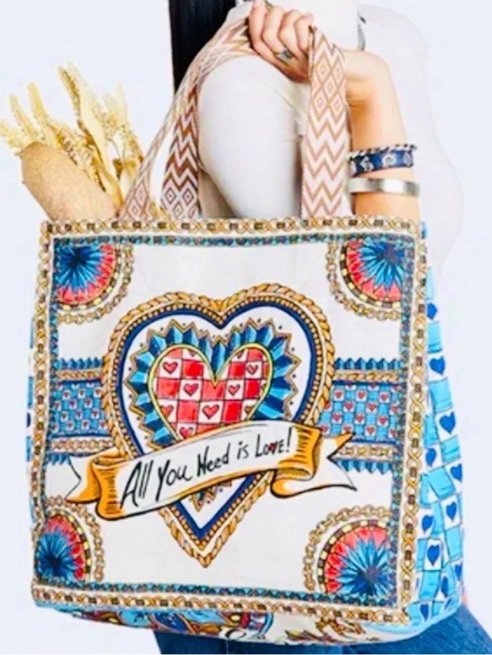 Brighton Believe in Love Boho Canvas Heart Print Multicolor Tote Shopper Bag